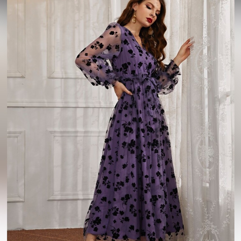 SHEIN Purple Maxi Dress Tulle Overlay With Black Velvet Flowers Size 12 XL